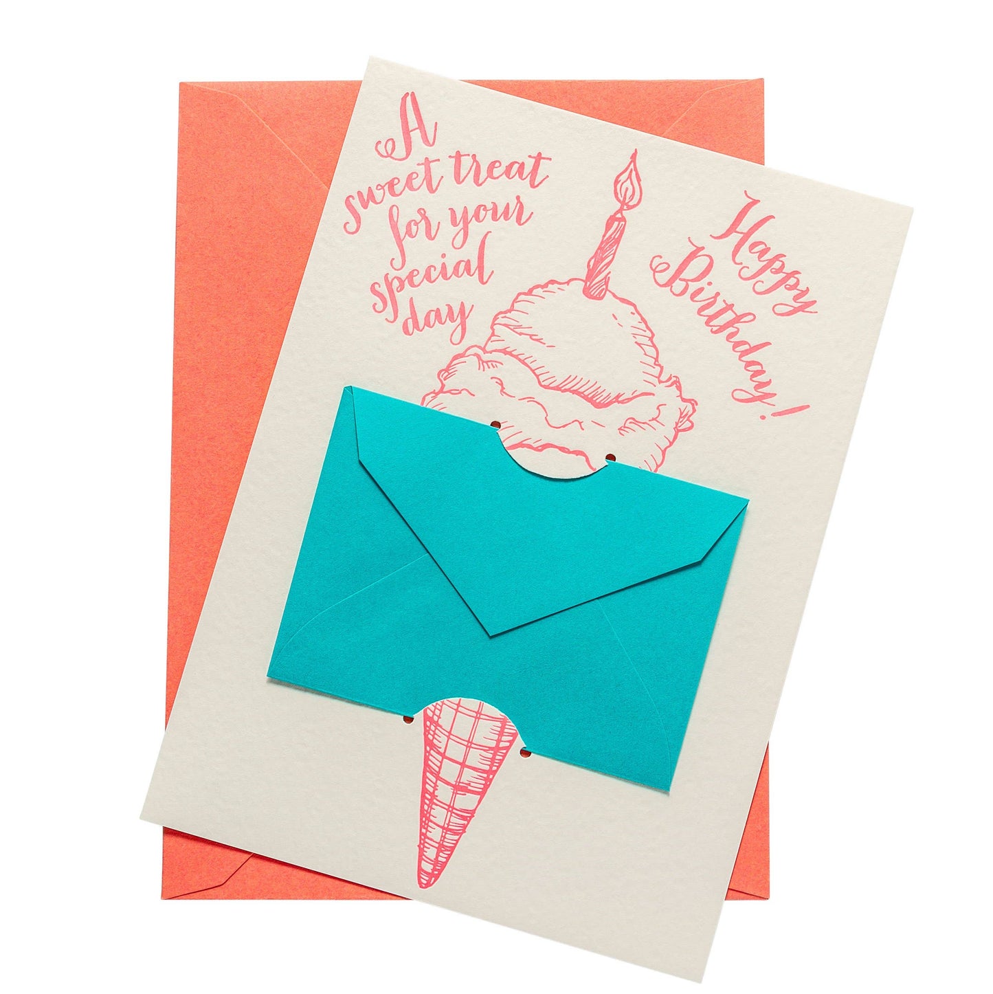 Birthday card with blue envelope to hold a gift card and pink text on a white background