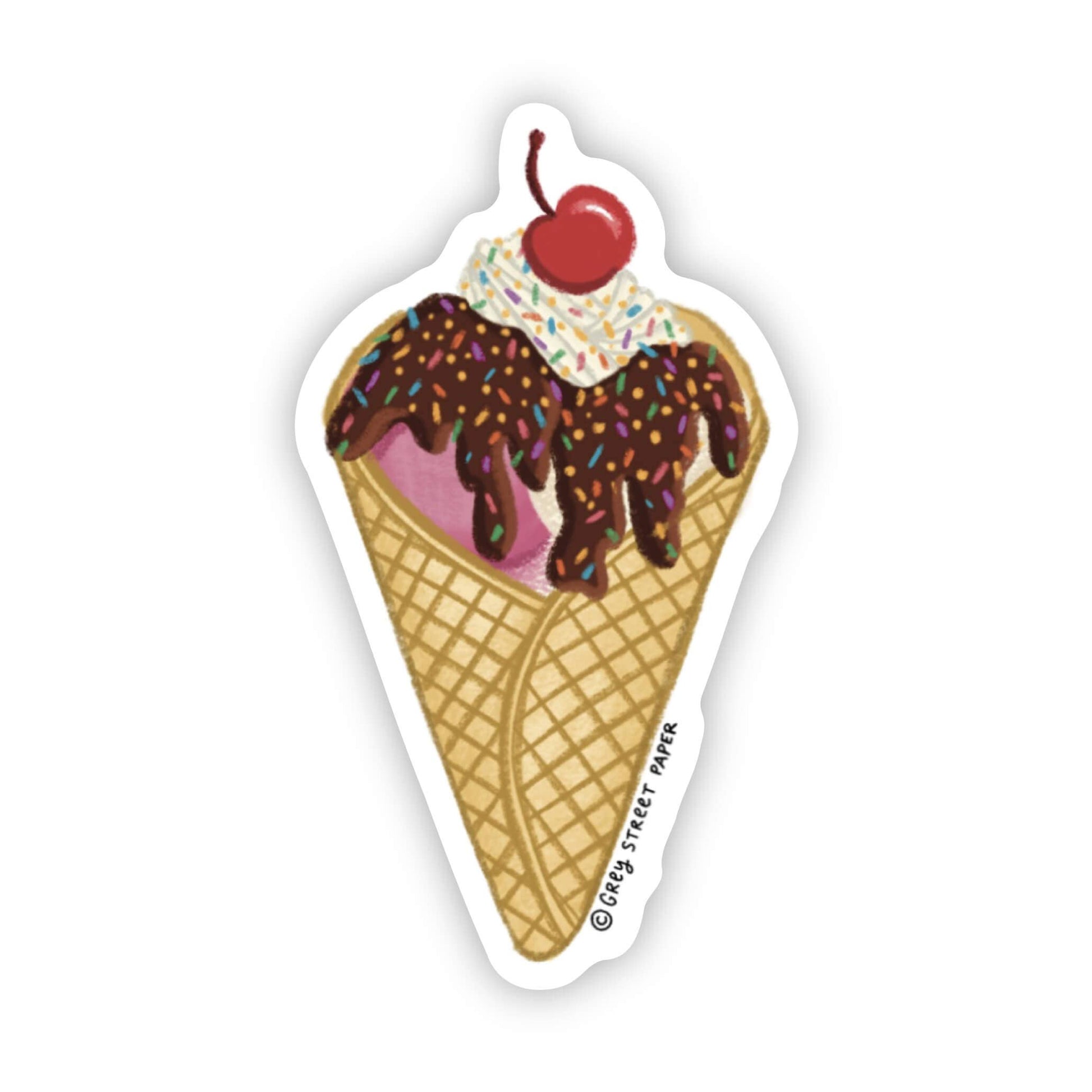 Sticker of a chocolate ice cream cone with a cherry on top, featuring the Greg Street Paper logo.
