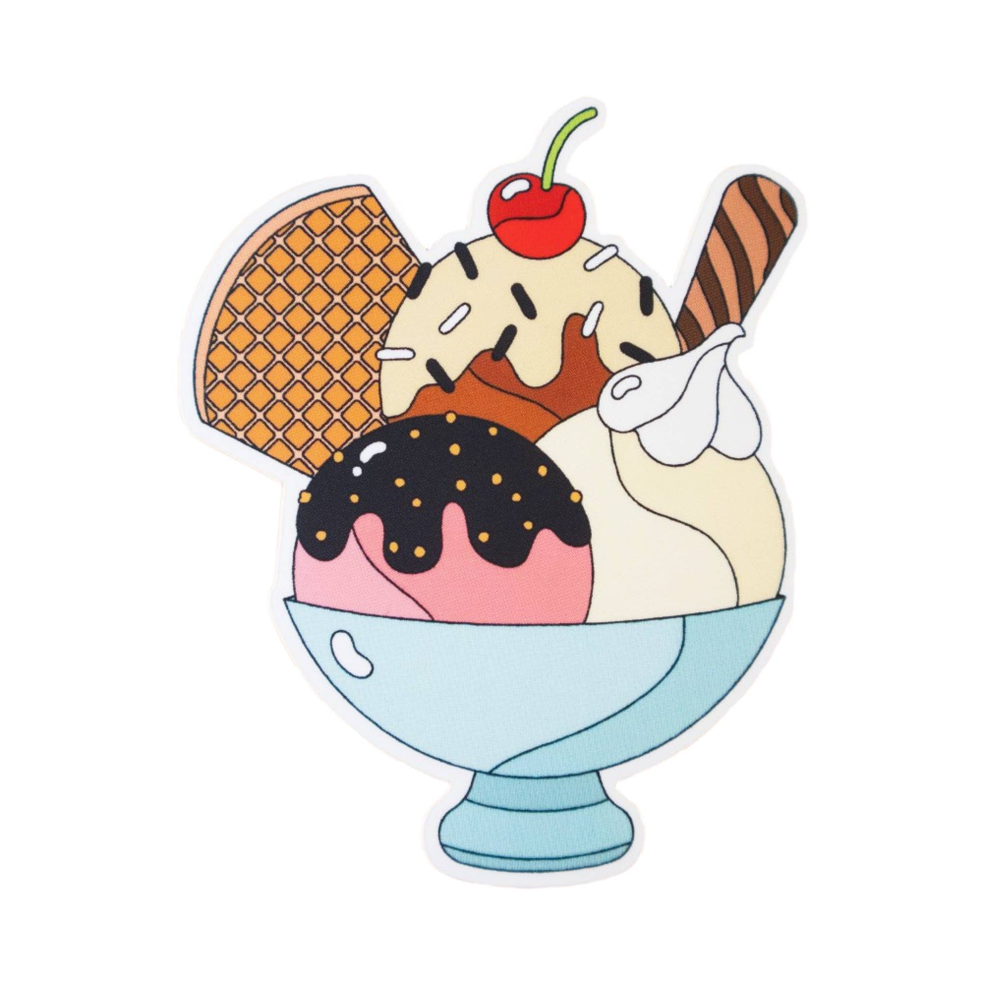 ice cream sundae sticker featuring 3 scoops of ice cream, chocolate, strawberry and vanilla, along with a waffle cone piece, whipped cream, sprinkles and a cherry on top