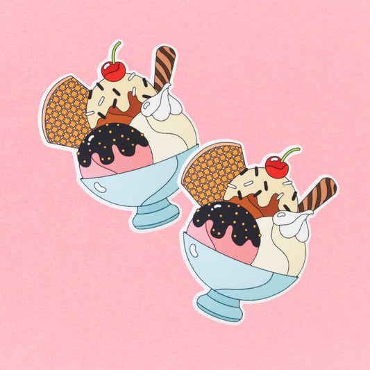 Two ice cream sundae stickers featuring 3 scoops of ice cream, chocolate, strawberry and vanilla, along with a waffle cone piece, whipped cream, sprinkles and a cherry on top