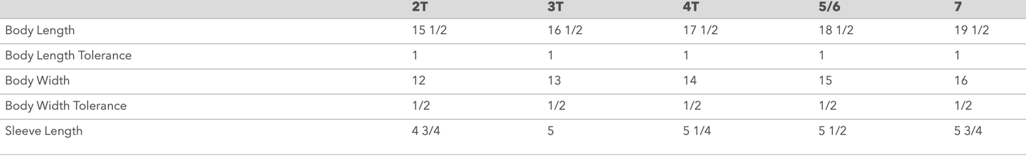 Measurement chart for body length and width with tolerance values.