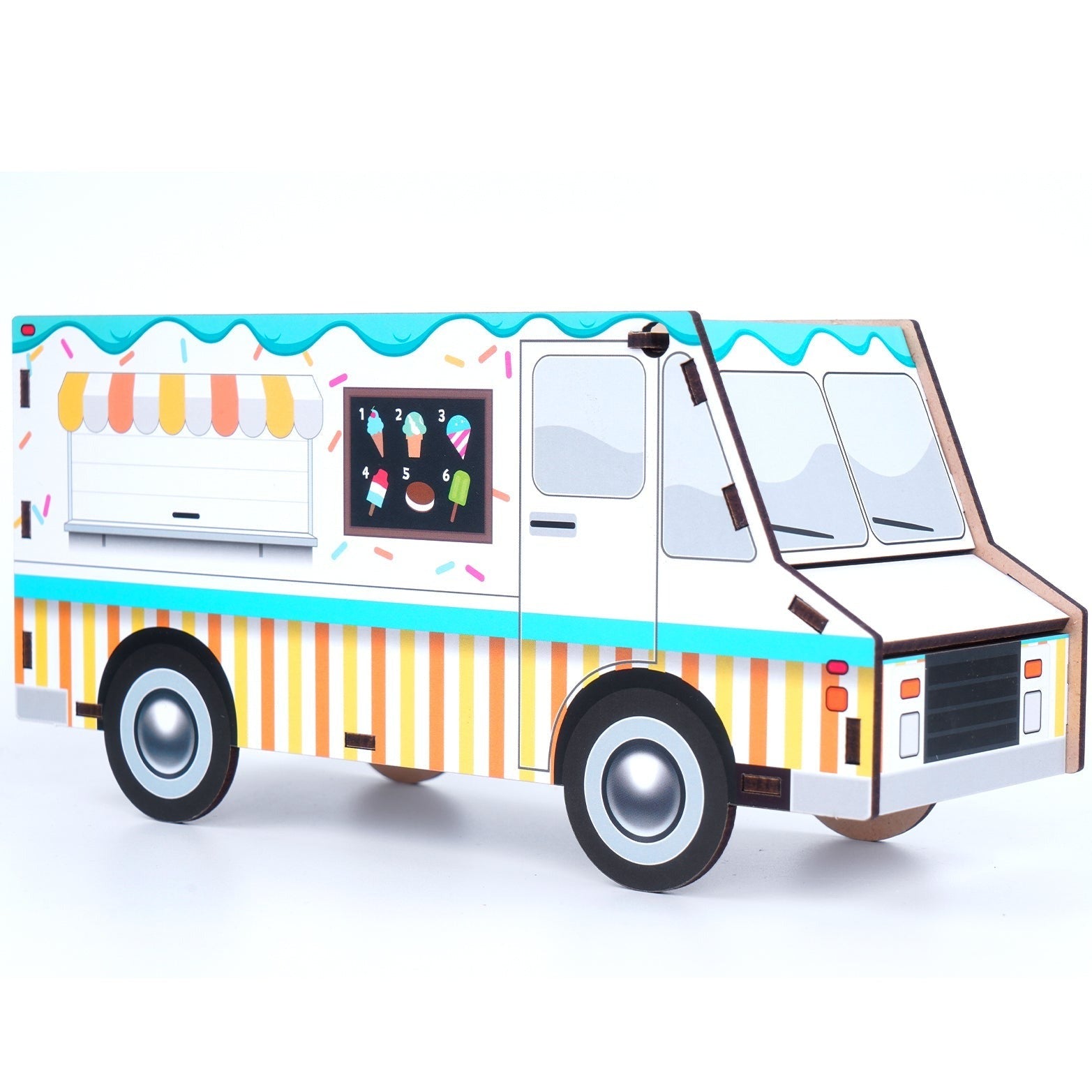 Ice cream truck piggy bank with stripes and sprinkles design in pastel colors - yellow, orange, pink, white, teal. Shown in 3/4 view, showing the front and side.