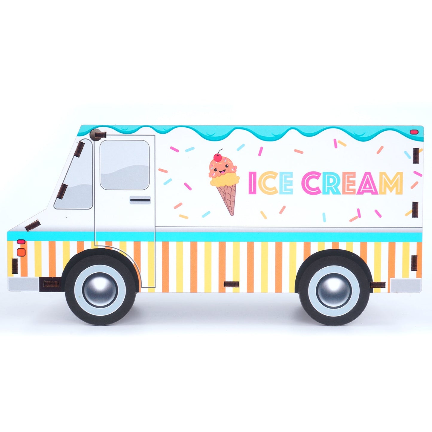 Ice cream truck piggy bank with stripes and sprinkles design in pastel colors - yellow, orange, pink, white, teal. Side view.