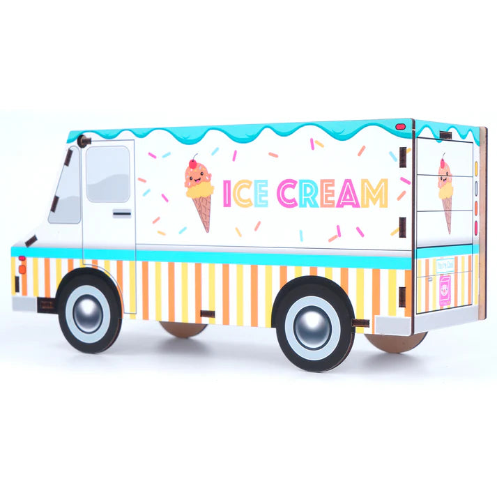 Ice cream truck piggy bank with stripes and sprinkles design in pastel colors - yellow, orange, pink, white, teal. Shown in 3/4 view, facing back and side., 