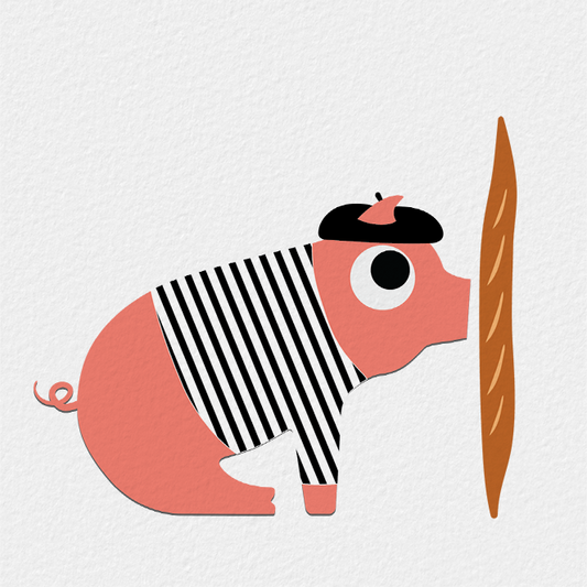 illustration of pig wearing a black and white striped shirt and black beret while kissing a baguette 