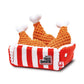 Fried chicken-themed pet toy with 'Pawty's Fried Chicken' branding on a white background
