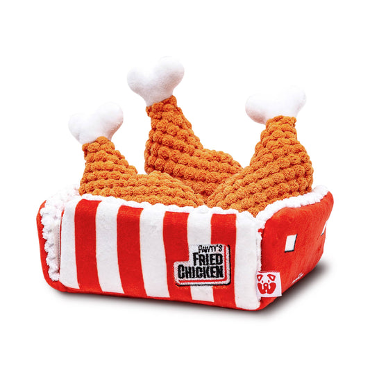 Fried chicken-themed pet toy with 'Pawty's Fried Chicken' branding on a white background