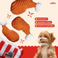 Dog toy resembling fried chicken with a dog sitting next to it, featuring interactive and machine washable text.