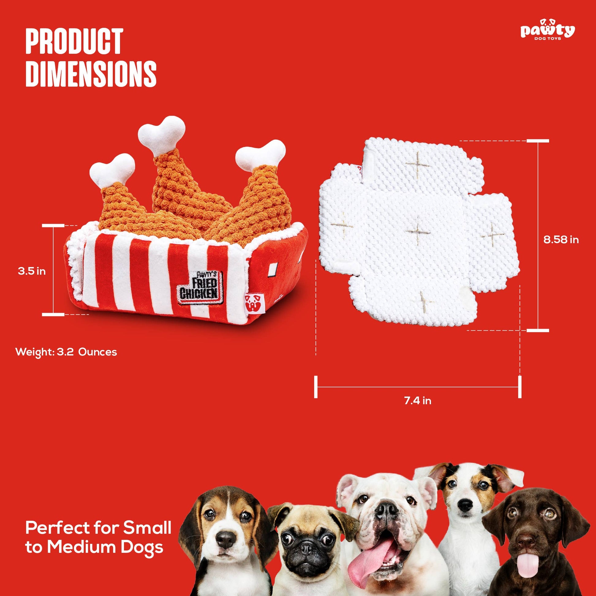 Product dimensions of a dog toy with fried chicken design on a red background, featuring the brand 'Pawty'.