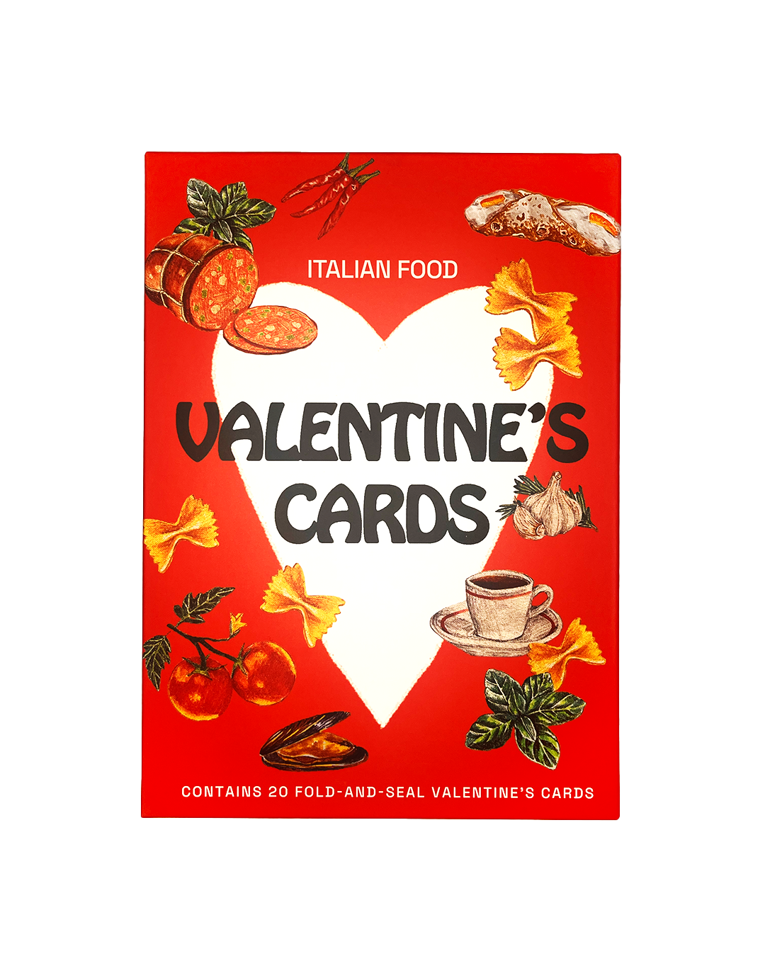 Valentine's card packaging with Italian food illustrations on a red background