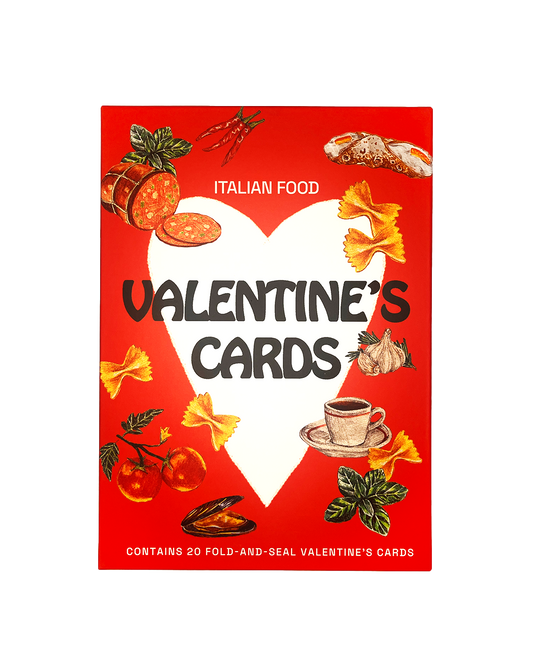 Valentine's card packaging with Italian food illustrations on a red background