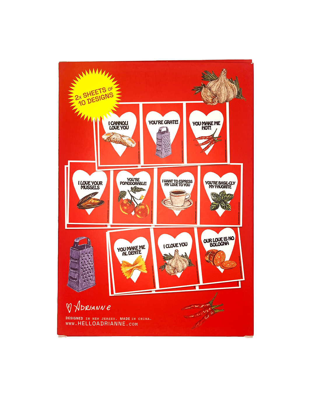 Packaging of Valentine's Day cards with heart and italian food designs on a red background