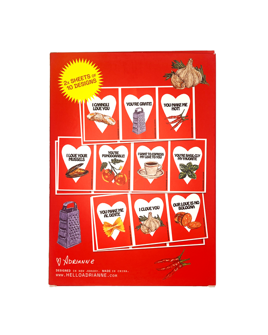 Packaging of Valentine's Day cards with heart and italian food designs on a red background