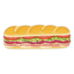 Illustration of a sub sandwich with bread, tomatoes, lettuce, and meat on a white background