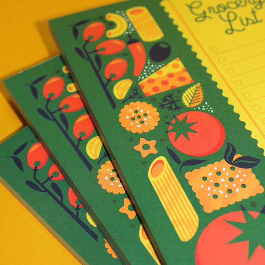 Italian themed grocery list notepad featuring various italian food ingredients including olives, tomatoes, pasta, cheese, crackers, peppers and herbs