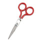 Photo of stainless steel scissors with red colored handle.