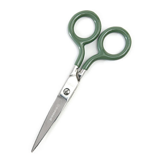 Photo of stainless steel scissors with green colored handle.