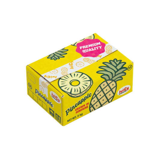 Yellow box of pineapple stickers with 'Juicy' branding on a white background