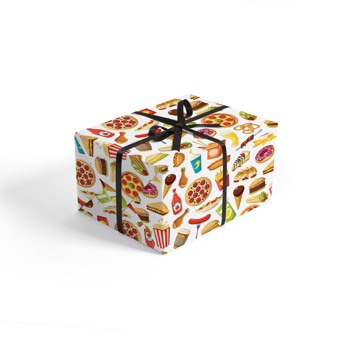 Gift box with junk food-themed wrapping paper and a black ribbon on a white background