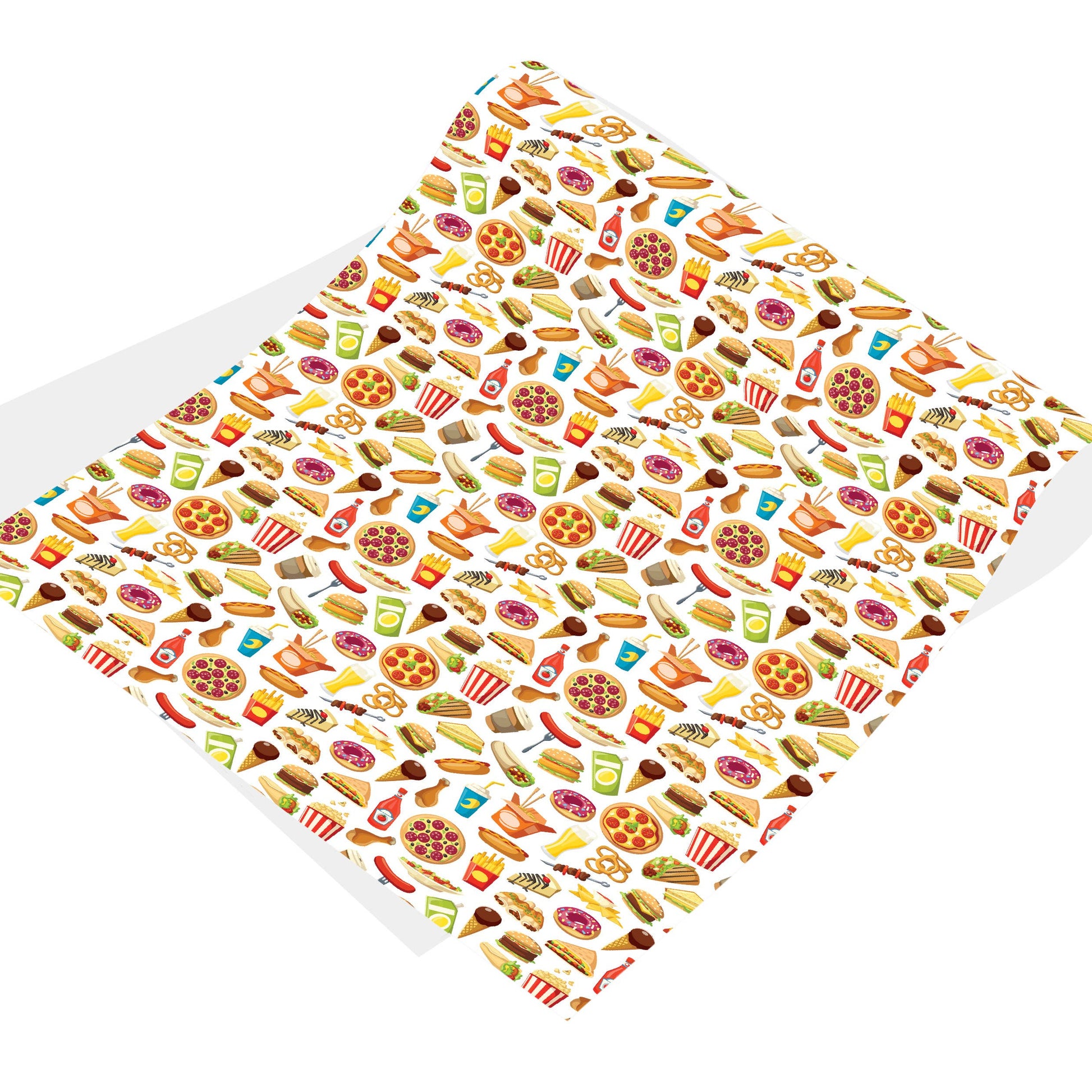 sheet of wrapping paper with junk food-themed pattern on a white background