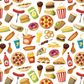 Pattern of various fast food items on a white background