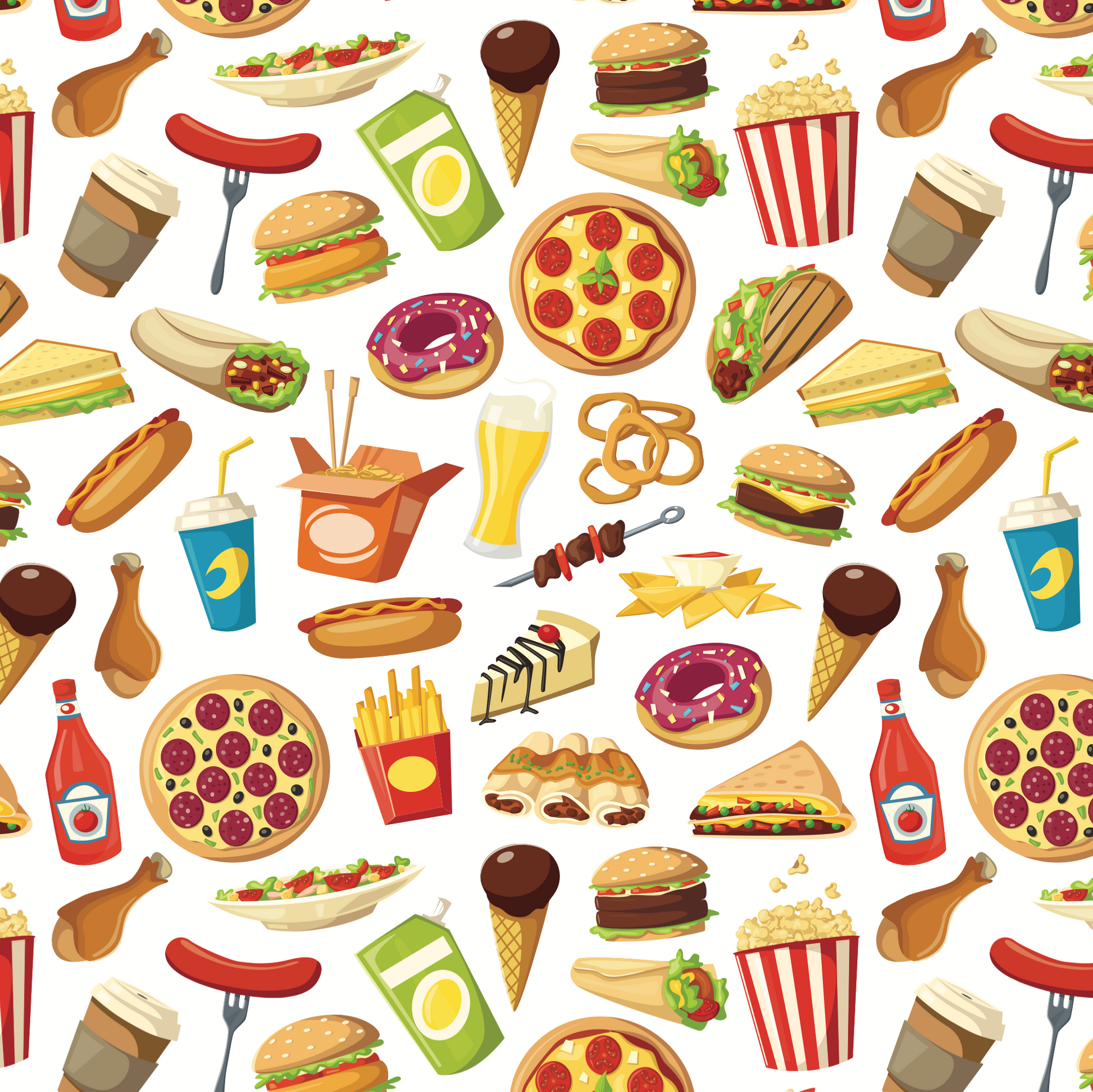 Pattern of various fast food items on a white background