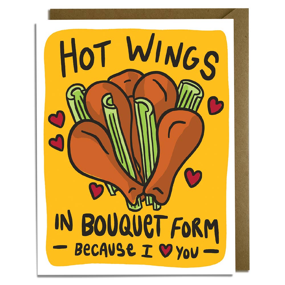 Valentine's greeting card that reads "Hot wings in bouquet form because I <3 you" with an illustration of chicken drumettes, celery sticks and hearts