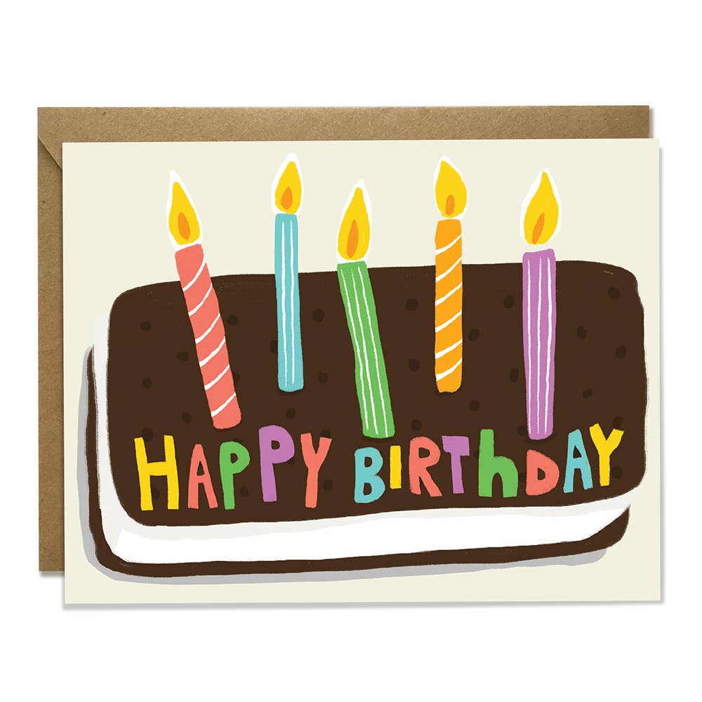 birthday greeting card that reads "happy birthday" across an ice cream sandwich with five candles on top