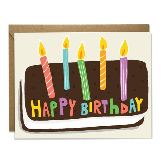 birthday greeting card that reads "happy birthday" across an ice cream sandwich with five candles on top