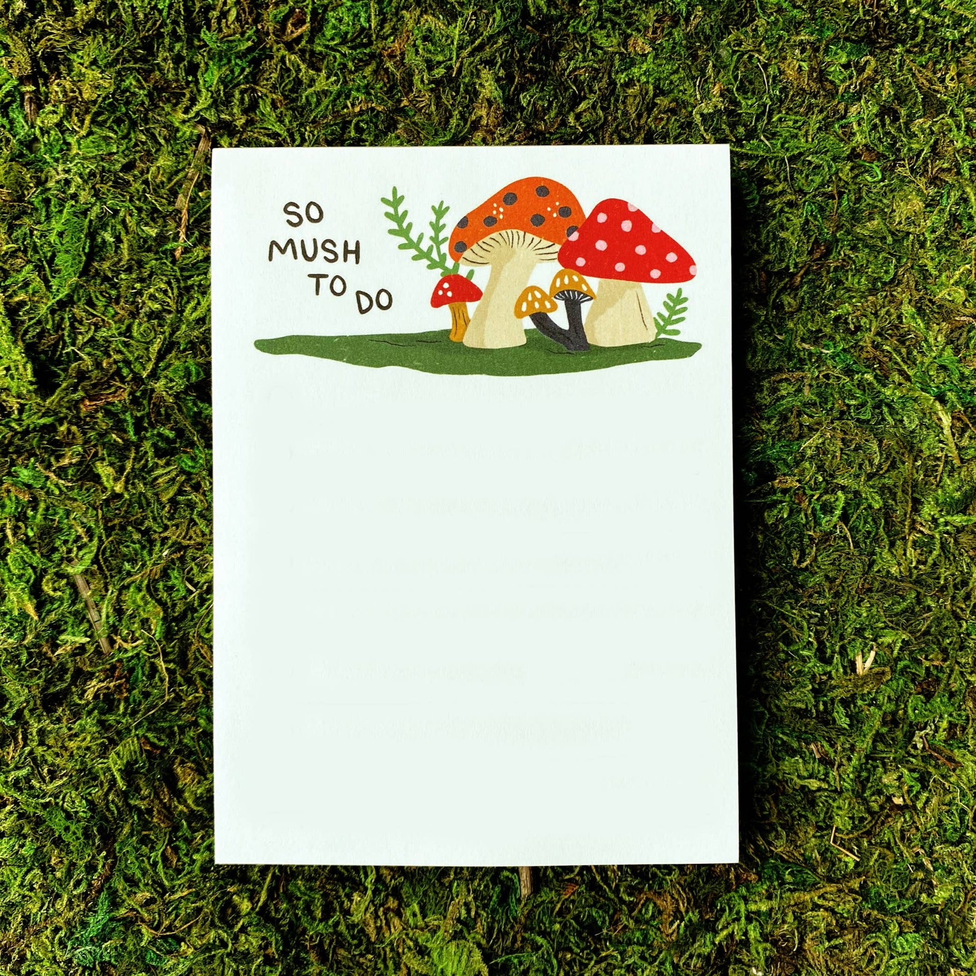notepad with mushrooms up top and text that reads "so mush to do" 