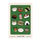Sticker sheet filled with a variety of Asian foods including dumplings, shumai, sushi, yakult, ramen, boba and kimchi