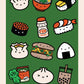 Sticker sheet filled with a variety of Asian foods including dumplings, shumai, sushi, yakult, ramen, boba and kimchi