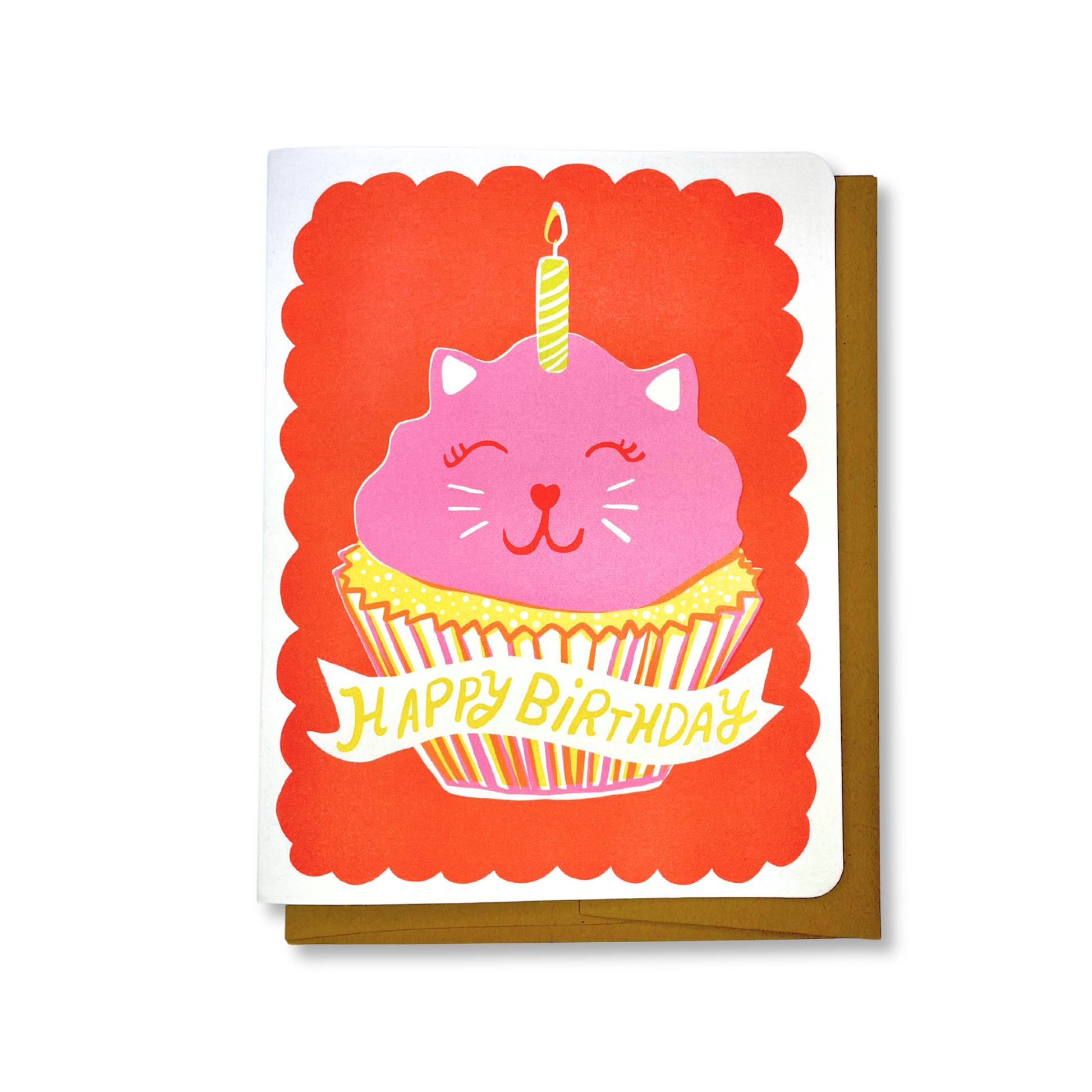 Birthday card with a cat-shaped cupcake and candle on an orange background