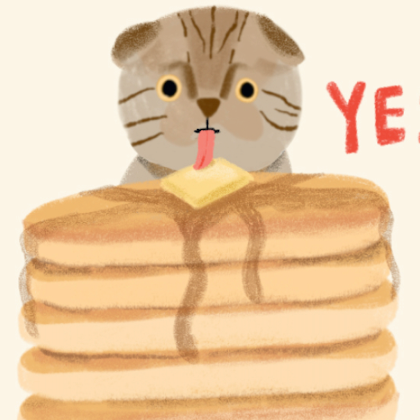 Cartoon cat with a stack of pancakes and a pad of butter, with 'YES' text on a beige background