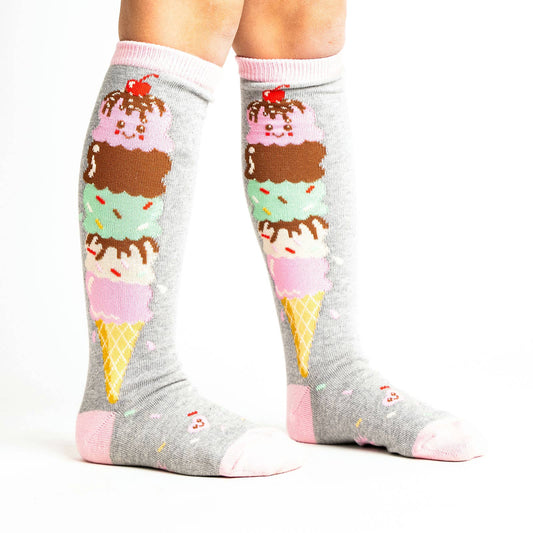 gray knee-high socks for kids. Design is a cone stacked with 5 scoops of ice cream 