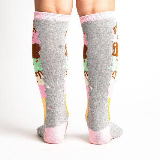 gray knee-high socks for kids. Design is a cone stacked with 5 scoops of ice cream 