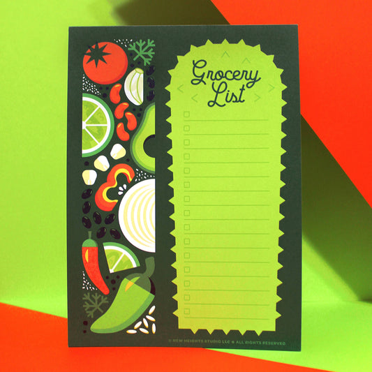 Latin themed grocery list notepad featuring various latin food ingredients including tomatoes, garlic, beans, corn, onion, peppers, lime and rice