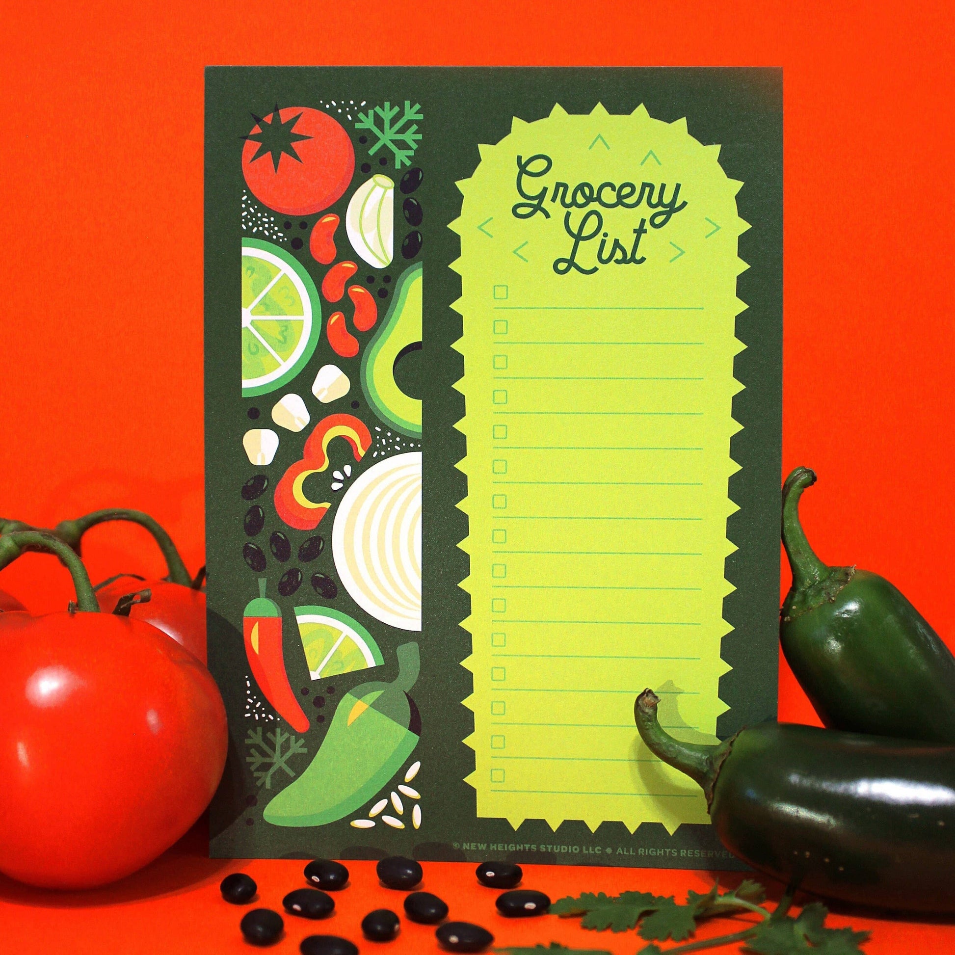 Latin themed grocery list notepad featuring various latin food ingredients including tomatoes, garlic, beans, corn, onion, peppers, lime and rice