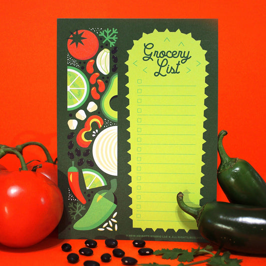 Latin themed grocery list notepad featuring various latin food ingredients including tomatoes, garlic, beans, corn, onion, peppers, lime and rice