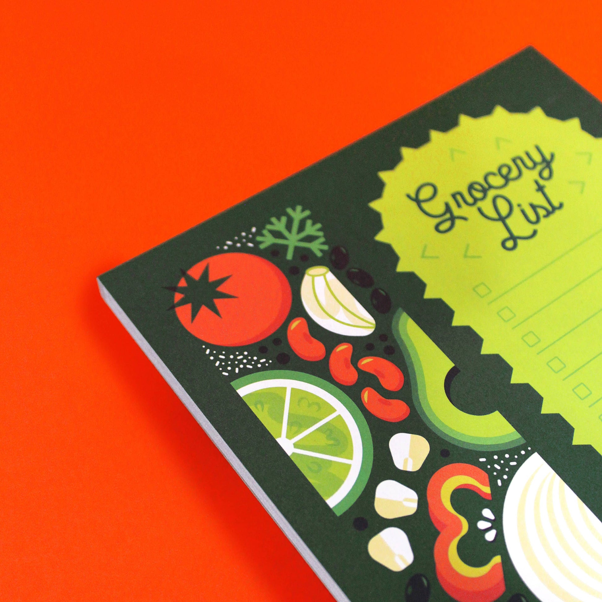Latin themed grocery list notepad featuring various latin food ingredients including tomatoes, garlic, beans, corn, onion, peppers, lime and rice