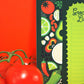 Latin themed grocery list notepad featuring various latin food ingredients including tomatoes, garlic, beans, corn, onion, peppers, lime and rice