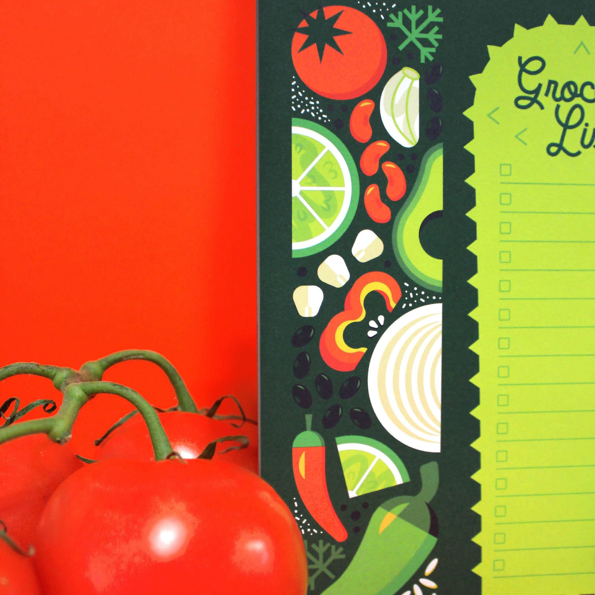 Latin themed grocery list notepad featuring various latin food ingredients including tomatoes, garlic, beans, corn, onion, peppers, lime and rice