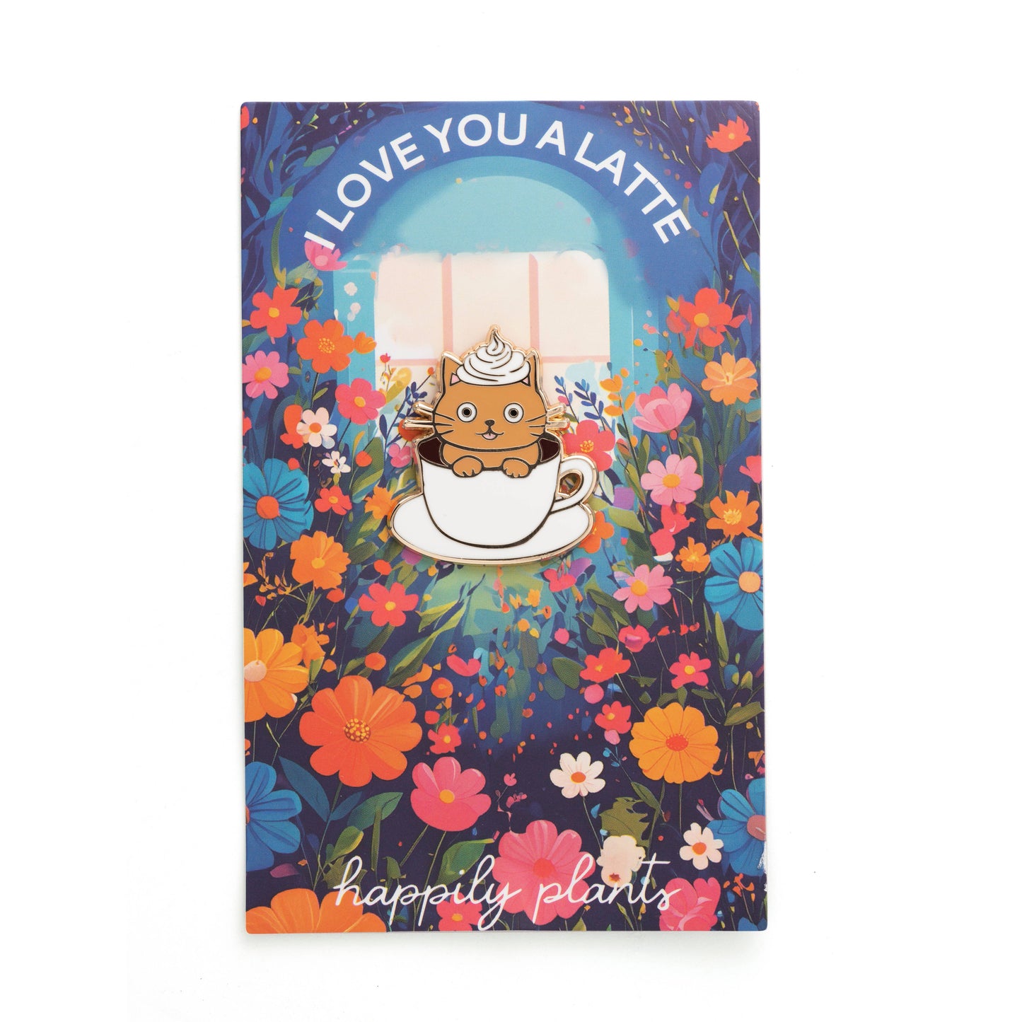 Enamel pin packaging with a cat illustration and floral design on a white background