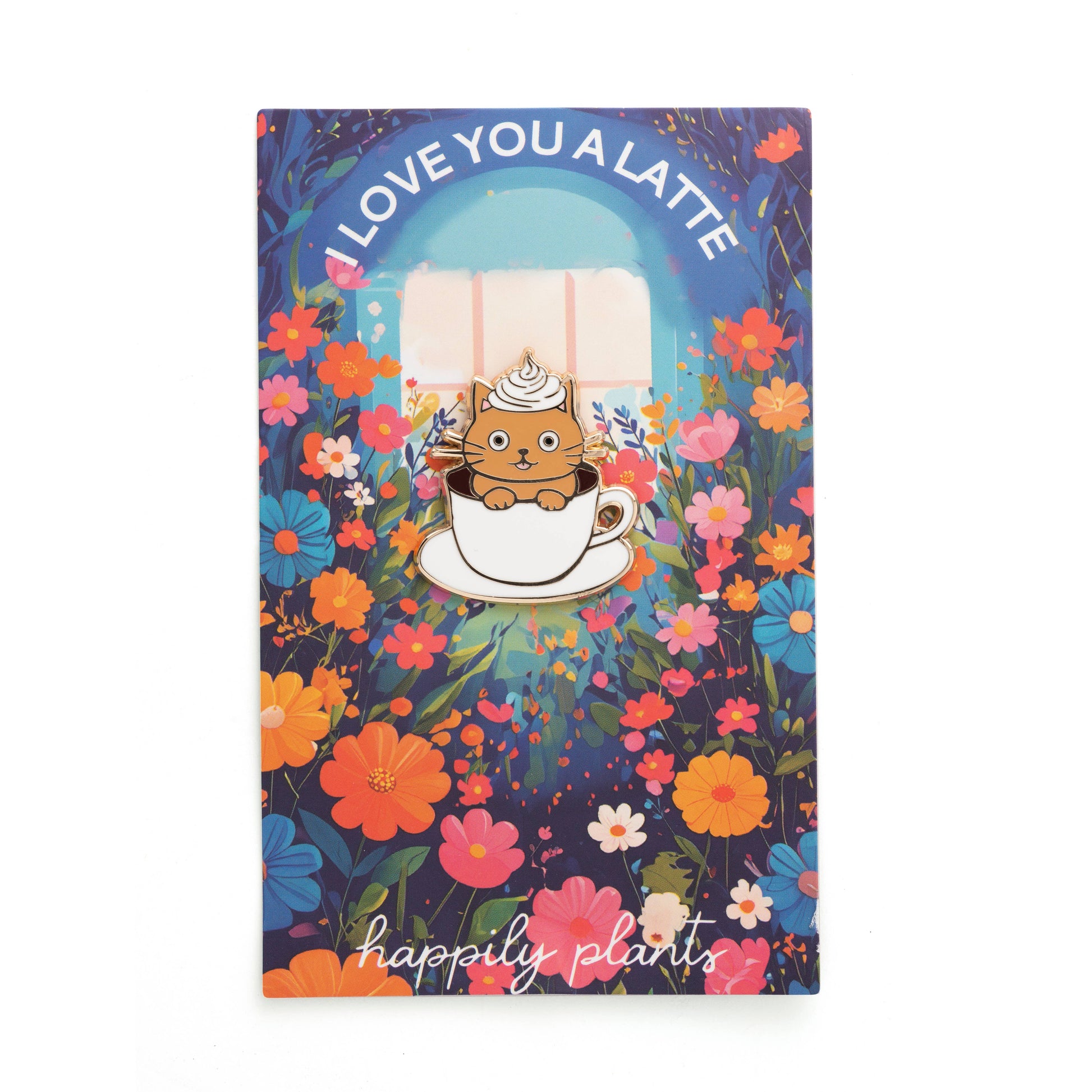 Enamel pin packaging with a cat illustration and floral design on a white background