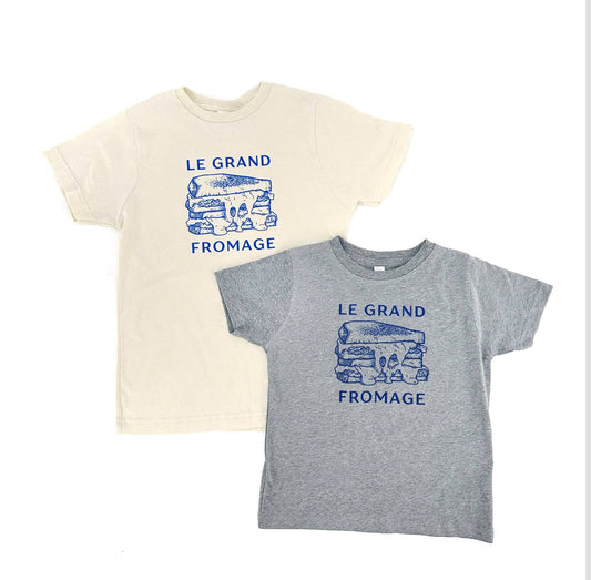 Two t-shirts, one beige and one gray, with 'Le Grand Fromage' text and grilled cheese graphic design on a white background.