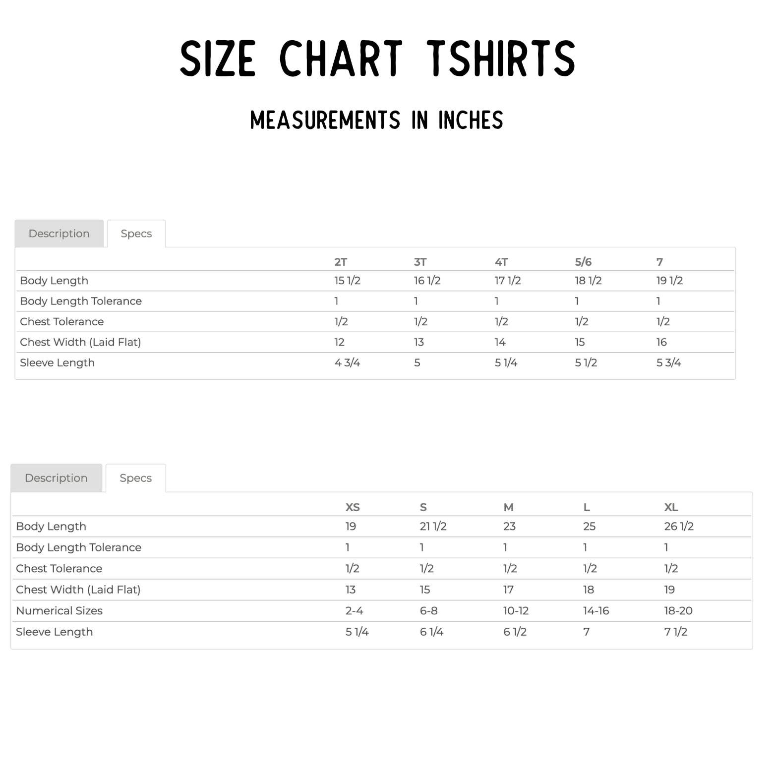 Size chart for t-shirts with measurements in inches