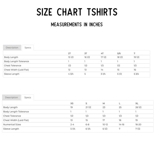 Size chart for t-shirts with measurements in inches