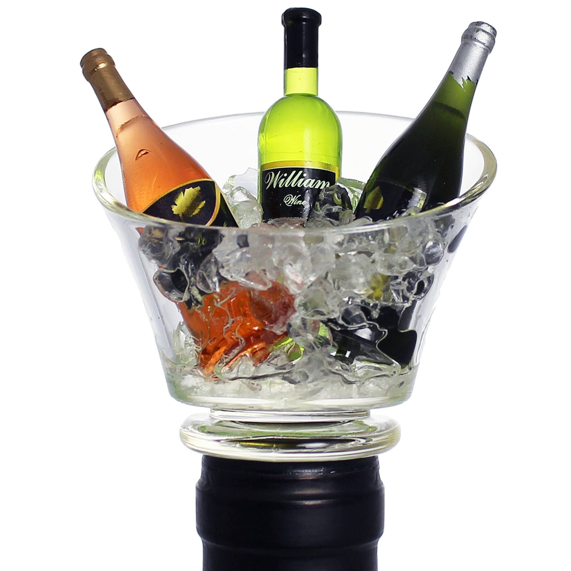 Bottle stopper featuring three wine bottles in an ice bucket with a white background