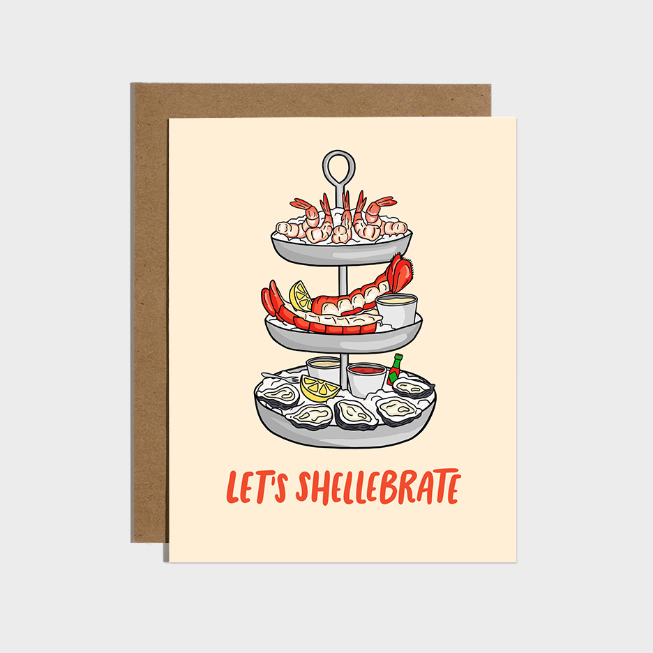 Greeting card with a tiered seafood platter illustration and 'Let's Shellebrate' text on a beige background.