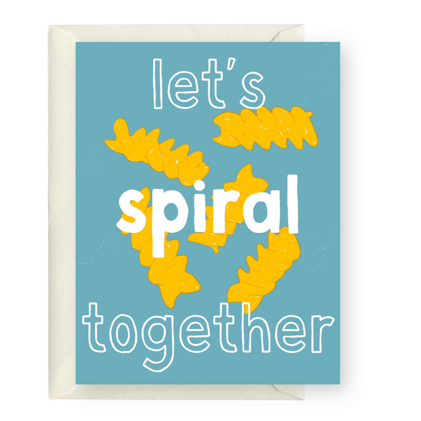 Greeting card with yellow spiral pasta designs and text 'let's spiral together' on a blue background